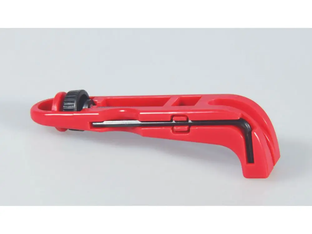Roter Kunststoffwerkzeug zum Entfernen von Thermostatabdeckungen, hergestellt von Ideal Standard. Schlichtes Design mit einer Schlitzklinge und einem verstellbaren Rad.